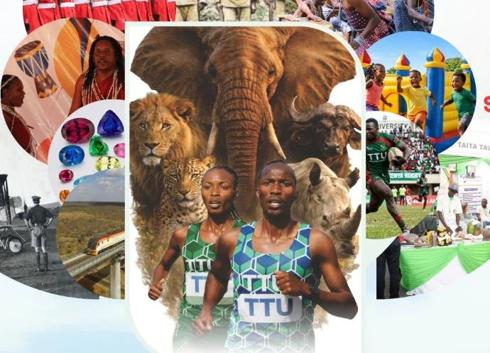 A collage of festival scenes including exhibition stands, dancers, runners and the Big Five.