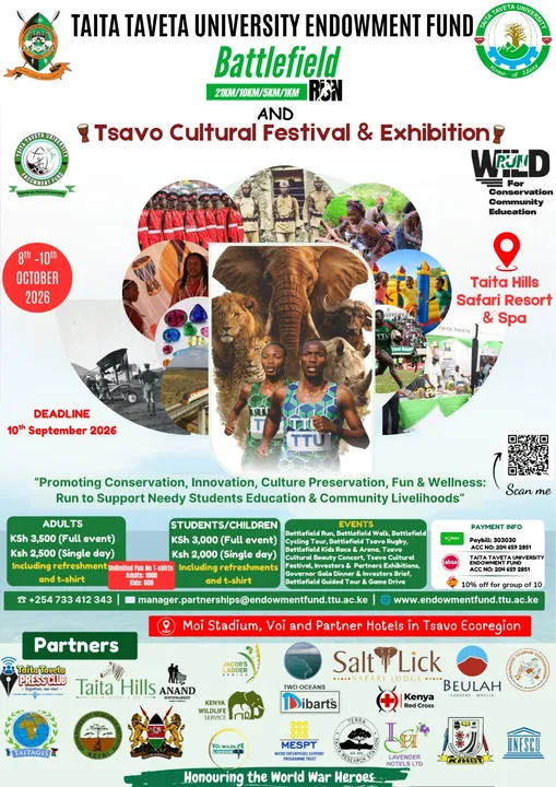 Official poster for the Tsavo Cultural Festival & Exhibition 2026, with a collage of culture, wildlife and sport.