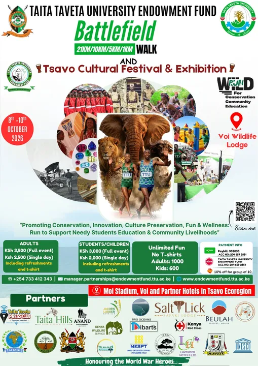 Official poster for the Battlefield Walk 2026 and Tsavo Cultural Festival & Exhibition, showing the Big Five and two runners.