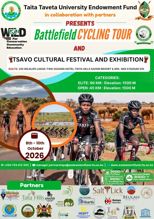 Official poster for the Battlefield Cycling Tour 2026, showing two cyclists on a dirt road through the Tsavo plains.