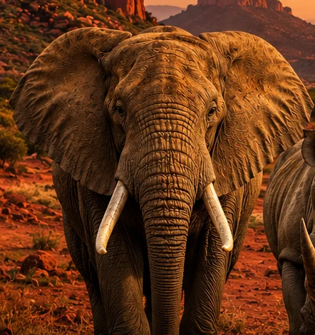 An African elephant facing the camera on the red Tsavo plain