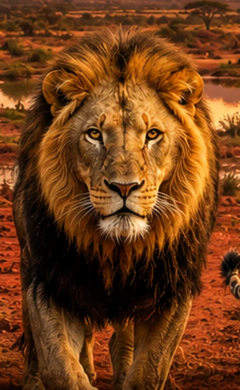 A male lion with a full mane walking toward the camera