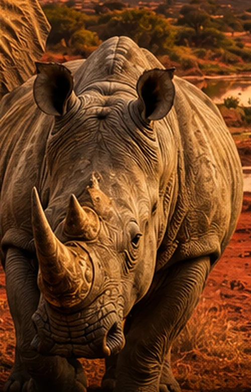A white rhino with its horn raised